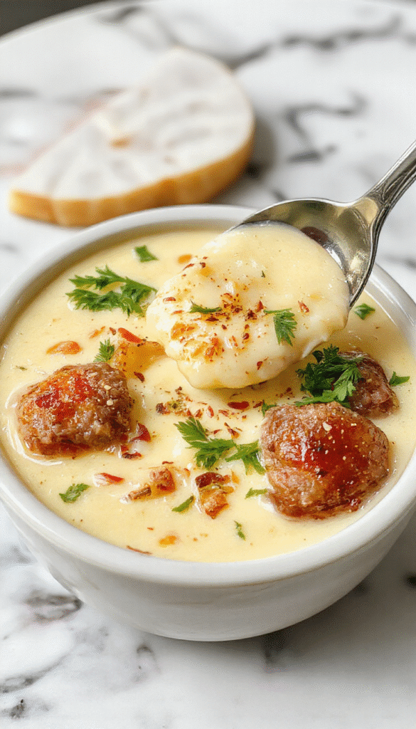 A vibrant bowl of cheesesteak potato soup garnished with melted cheese, sliced steak pieces, and fresh herbs, served with a crispy bread slice on a rustic wooden table