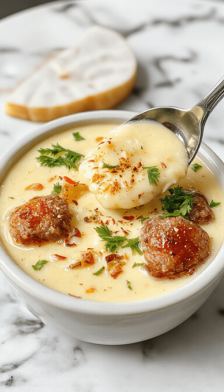 A vibrant bowl of cheesesteak potato soup garnished with melted cheese, sliced steak pieces, and fresh herbs, served with a crispy bread slice on a rustic wooden table
