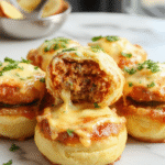 A close-up of golden-brown cheeseburger rollups generously topped with melted cheese and fresh parsley, arranged on a rustic wooden platter showcasing their gooey, crispy texture and vibrant ingredients.