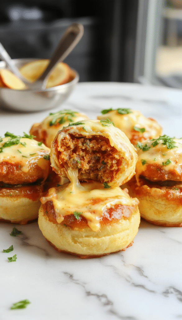 A close-up of golden-brown cheeseburger rollups generously topped with melted cheese and fresh parsley, arranged on a rustic wooden platter showcasing their gooey, crispy texture and vibrant ingredients.