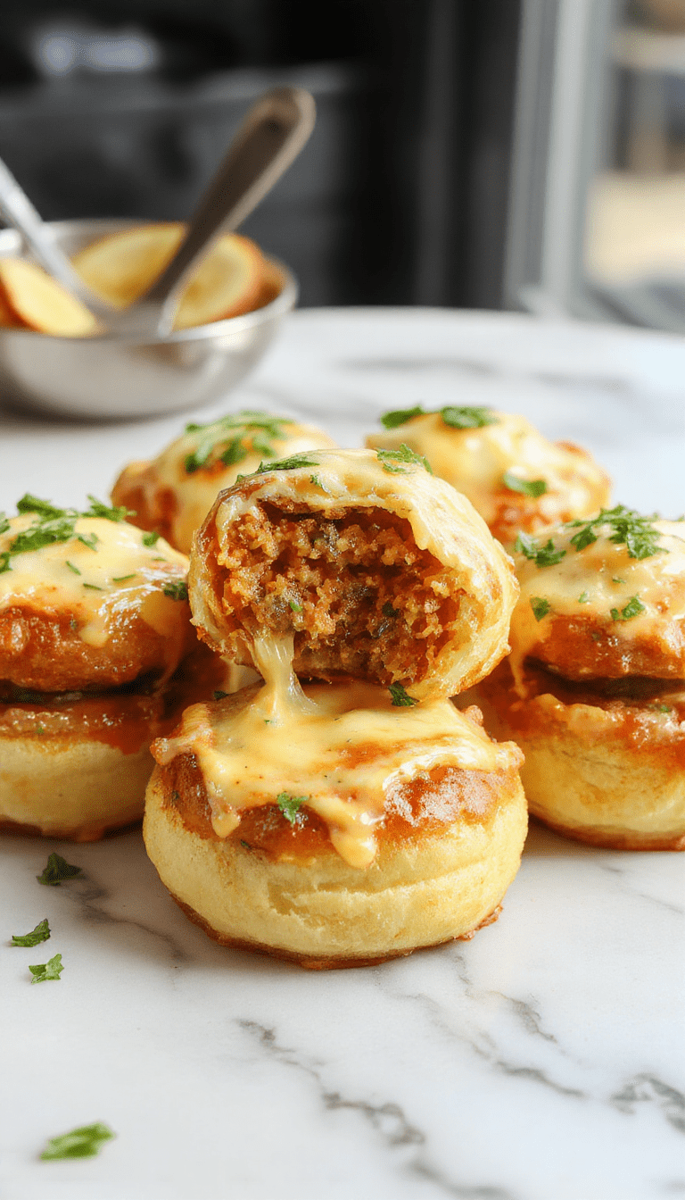 A close-up of golden-brown cheeseburger rollups generously topped with melted cheese and fresh parsley, arranged on a rustic wooden platter showcasing their gooey, crispy texture and vibrant ingredients.