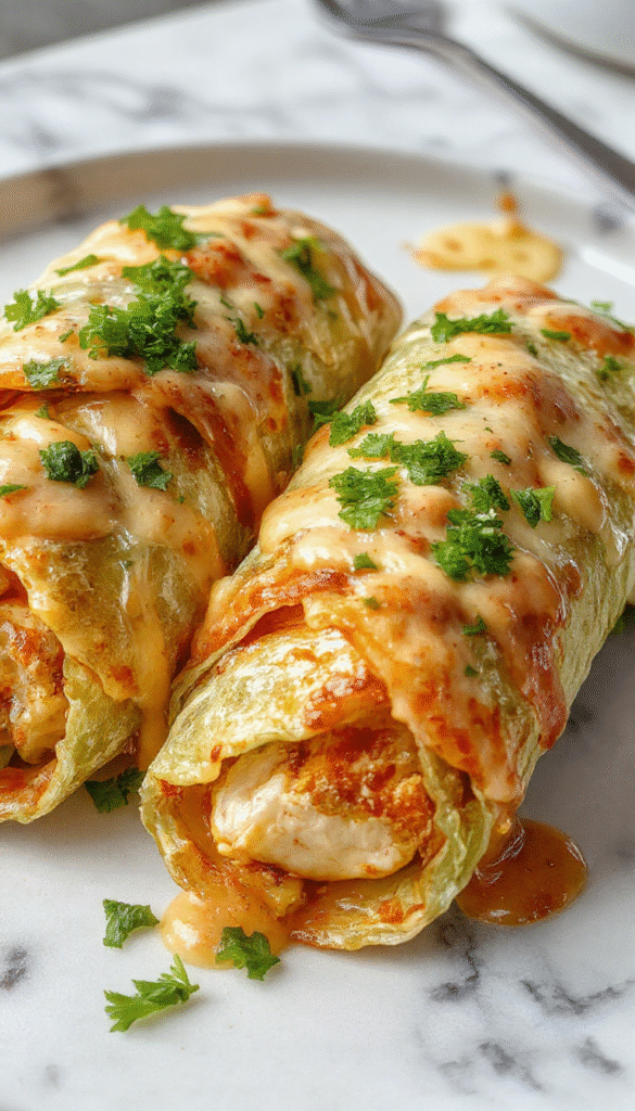 Colorful chicken wraps filled with melted cheese and crispy garlic, elegantly plated with fresh herbs, vibrant sauces, and a drizzle of garlic aioli, showcasing textures from tender chicken to crunchy wraps, styled on a rustic wooden surface