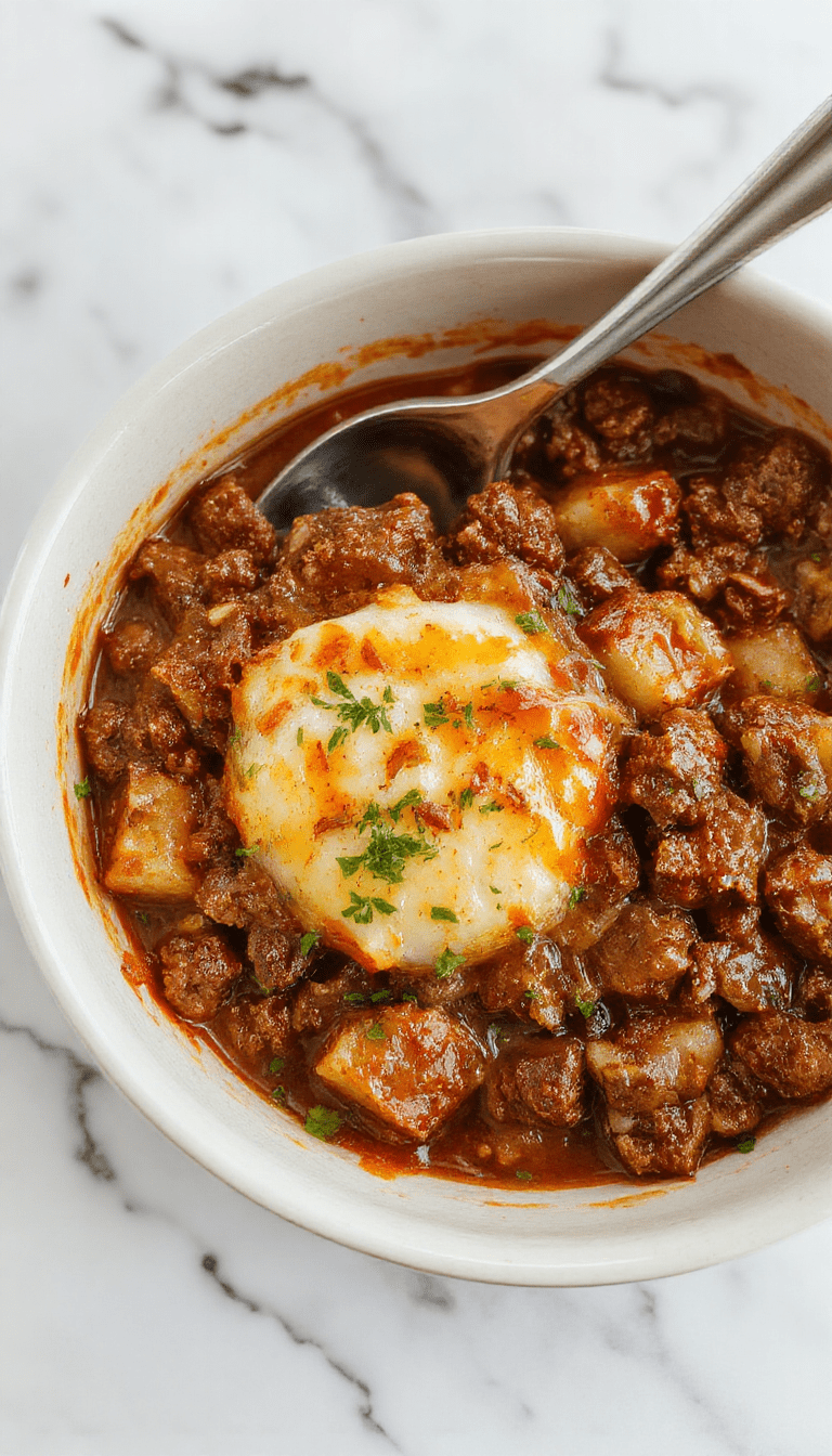 A close-up of a savory cheesy ground beef and potato casserole in a rustic baking dish, topped with melted golden cheese, garnished with chopped herbs, with crispy edges and tender potato layers visible, served on a wooden table.