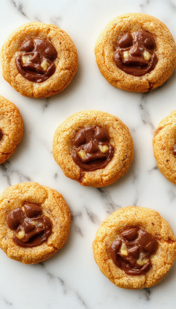Colorful Halloween-themed cookies shaped like jack-o'-lanterns with bright orange frosting, dark chocolate filling visible inside, decorated with green icing stems, arranged on a festive platter with autumn leaves and pumpkin decorations in the background, showcasing the glossy icing and gooey chocolate center.