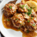 A close-up of juicy Salisbury steak meatballs nestled in creamy brown gravy, arranged on a rustic white plate with a sprig of fresh parsley, surrounded by mashed potatoes and steamed green beans, highlighting a hearty and inviting homemade meal.