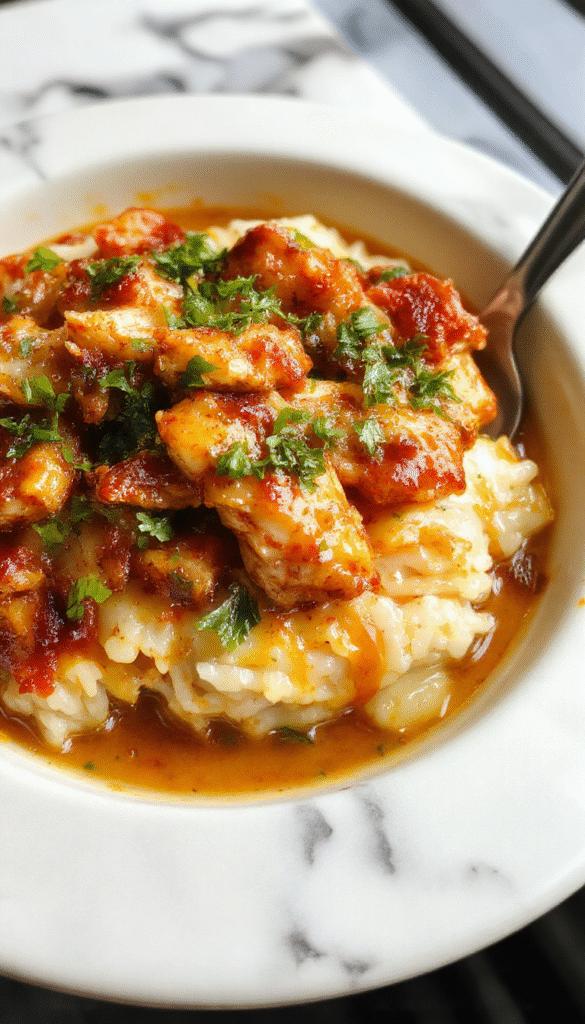A rustic-style plate featuring tender smothered chicken topped with a rich, creamy gravy, served alongside fluffy white rice with garnished chopped parsley. The dish displays a velvety sauce with visible herbs and caramelized onion accents, presented on a wooden platter with a side of fresh vegetables, styled for a cozy home dinner setting.
