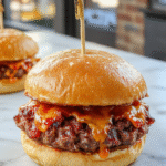A close-up shot of a cracked open burger revealing a juicy, crispy patty inside, topped with melted cheese, fresh lettuce, tomato slices, and pickles, all nestled in a toasted bun with sesame seeds, served on a rustic wooden board with condiments in the background.