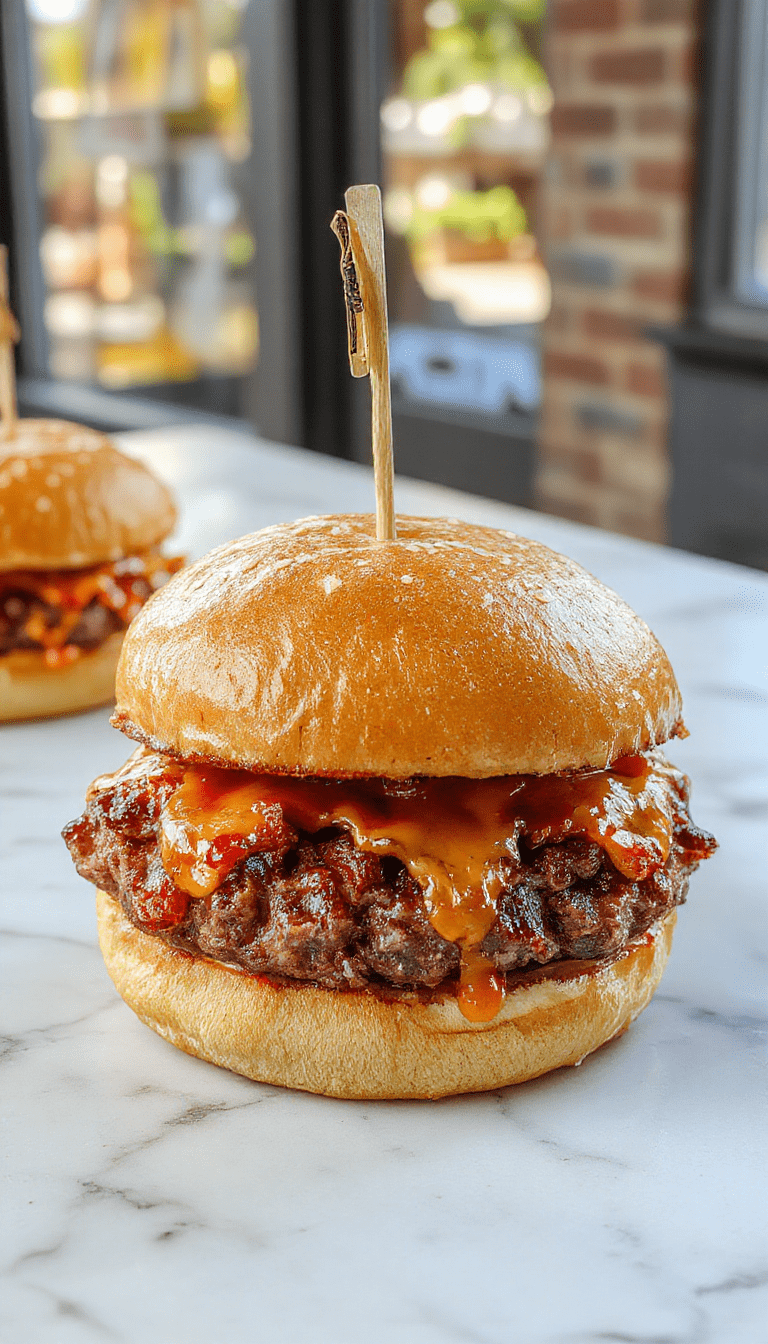 A close-up shot of a cracked open burger revealing a juicy, crispy patty inside, topped with melted cheese, fresh lettuce, tomato slices, and pickles, all nestled in a toasted bun with sesame seeds, served on a rustic wooden board with condiments in the background.