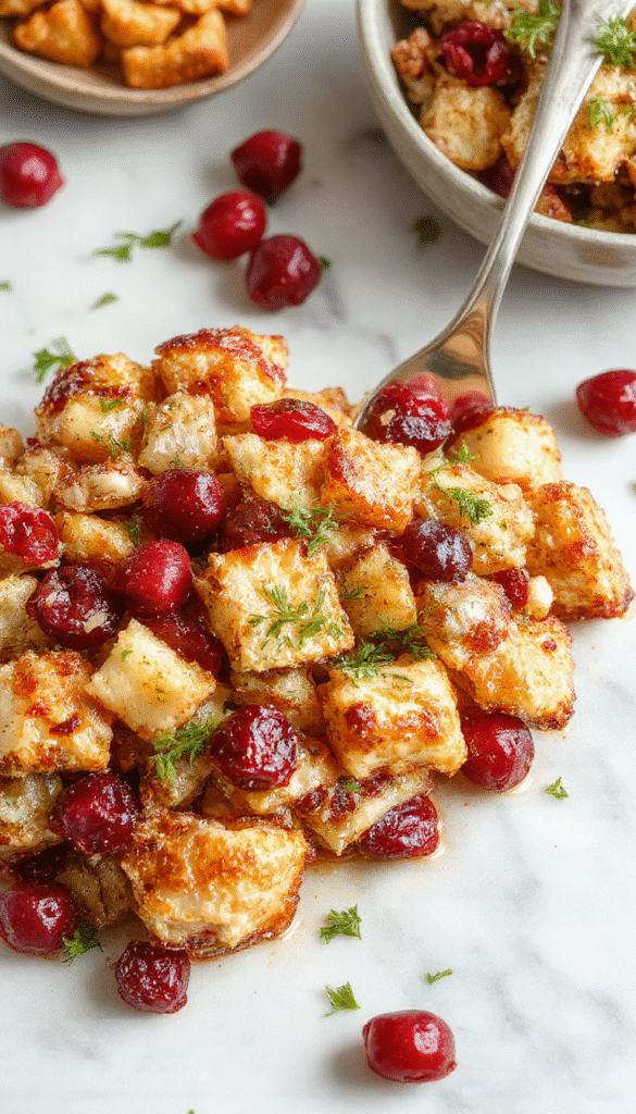 A close-up of golden-brown stuffing balls filled with vibrant red cranberries and tender turkey, arranged on a white serving platter with a sprig of rosemary, topped with a drizzle of glaze, and set against a rustic wooden background with fall leaves.