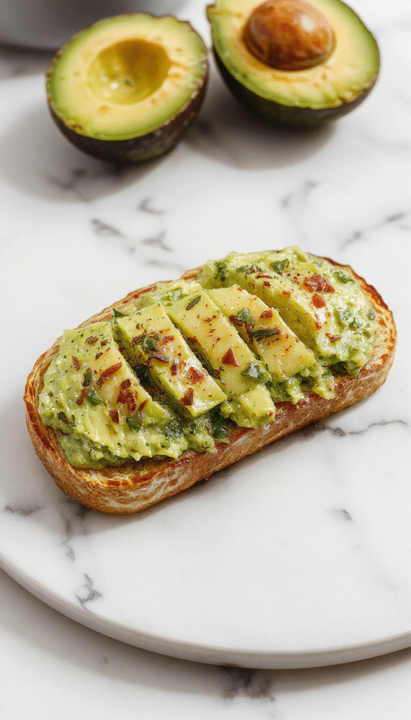 A vibrant plate of avocado toast featuring thick sliced toasted bread topped with mashed ripe avocados, cherry tomato halves, microgreens, and a drizzle of olive oil. The toast is garnished with black pepper and sea salt, set on a rustic wooden table with a background of fresh avocado and lemon slices, highlighting the textures and vibrant green hues of the dish.