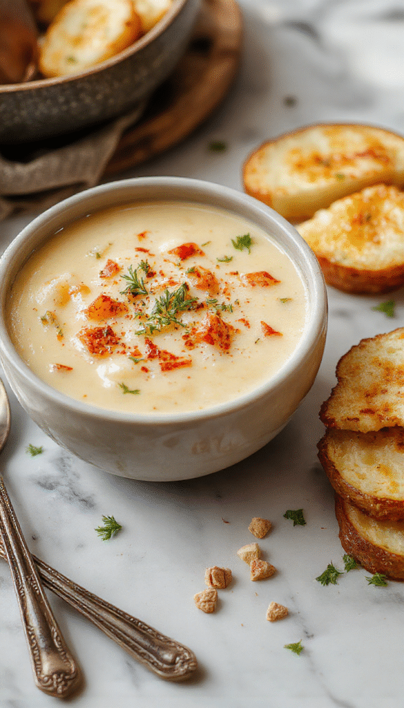 A warm bowl of creamy baked potato soup topped with shredded cheese, chopped green onions, and crispy bacon bits. The soup appears velvety and thick, served in a rustic white bowl on a wooden table with a linen napkin, evoking coziness and autumnal warmth.