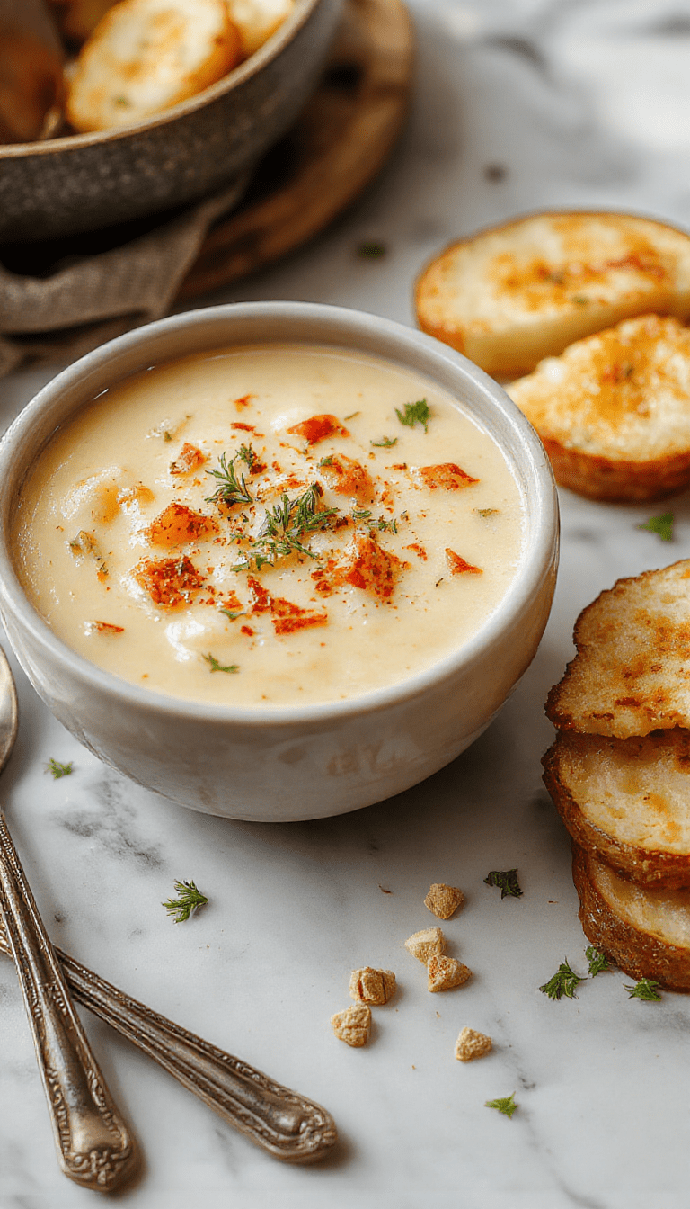 A warm bowl of creamy baked potato soup topped with shredded cheese, chopped green onions, and crispy bacon bits. The soup appears velvety and thick, served in a rustic white bowl on a wooden table with a linen napkin, evoking coziness and autumnal warmth.