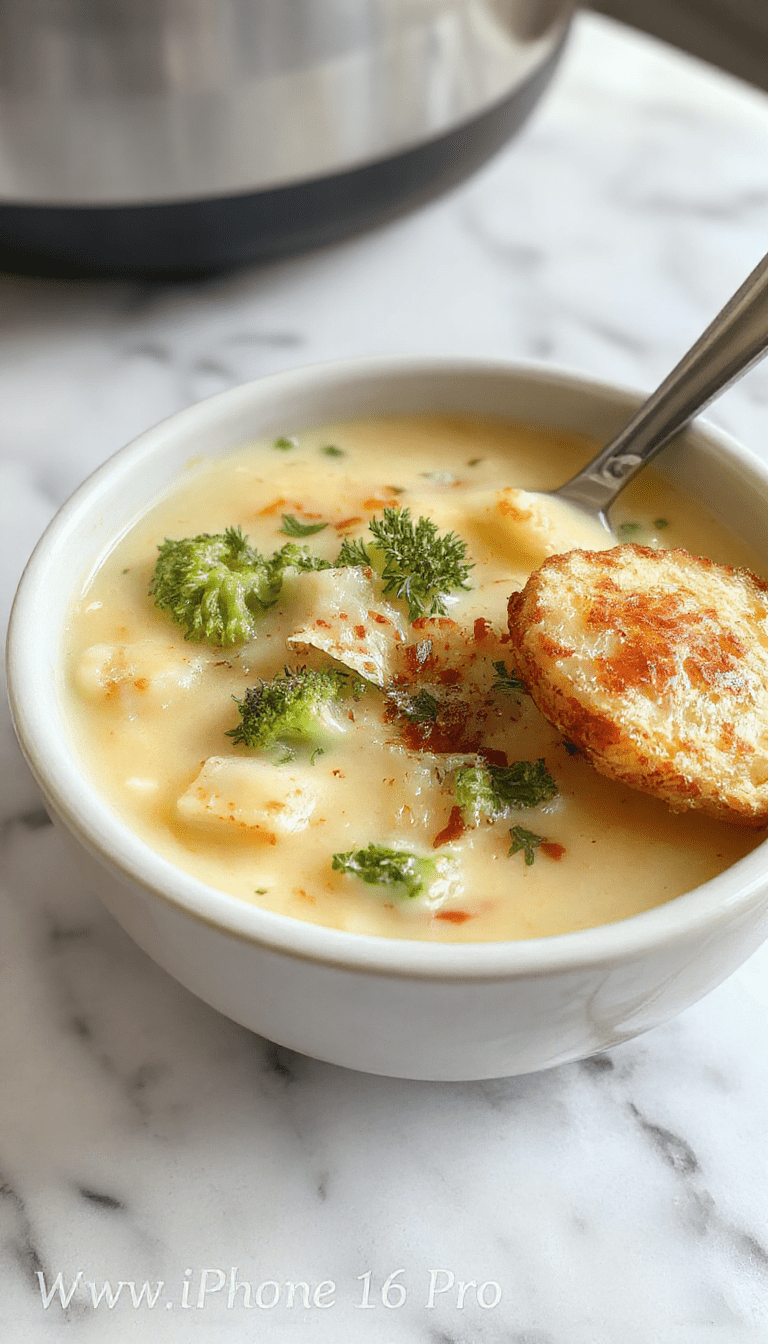 A vibrant bowl of creamy broccoli and potato cheese soup with a smooth, velvety texture, topped with shredded cheese and fresh green broccoli florets, served in a rustic bowl on a wooden table with a side of crusty bread, showcasing rich greens, golden yellows, and warm cheesy tones.