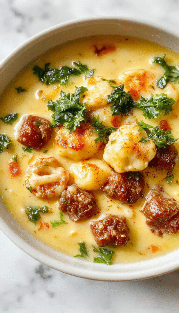 A vibrant bowl of creamy cauliflower sausage kale soup decorated with fresh kale leaves, slices of sausage, and a drizzle of cream, served in a rustic white bowl on a wooden table, highlighting the textures of the tender cauliflower and leafy greens.