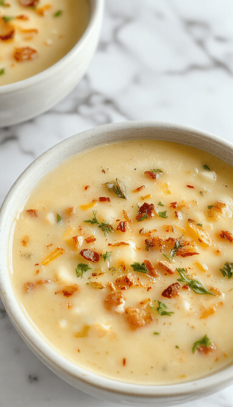A bowl of creamy potato soup topped with melted cheddar cheese, fresh herbs, and drizzled with garlic oil. The soup is served in a rustic white bowl on a wooden table, with slices of crusty bread and fresh herbs in the background, highlighting the textures of smooth, cheesy, and herbaceous elements in vivid warm tones.