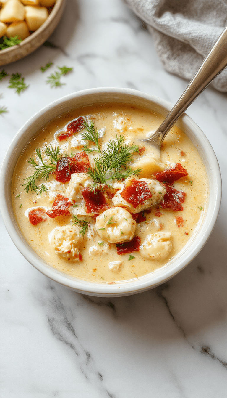 A hearty bowl of creamy chicken bacon gnocchi soup featuring tender chicken, crispy bacon, soft gnocchi, topped with fresh herbs and a drizzle of cream, served in a rustic white bowl on a wooden table with a spoon and fresh herbs beside it.
