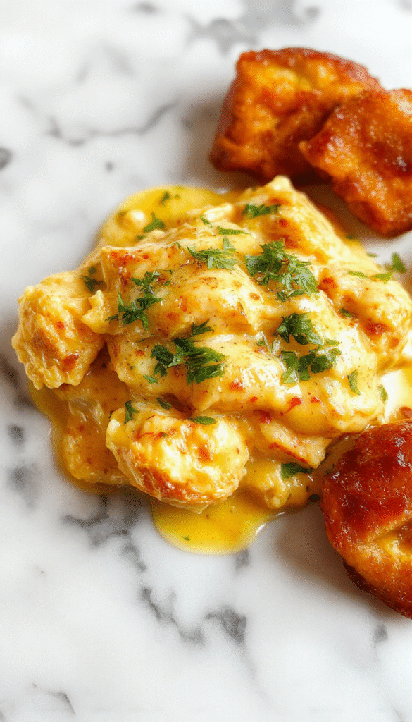 A vibrant bowl of Chicken Korma featuring tender chicken pieces immersed in a rich, creamy, golden-yellow sauce garnished with fresh cilantro and toasted almonds, served on a white plate with a side of basmati rice and garnished with a sprig of cilantro, set against a rustic wooden table.