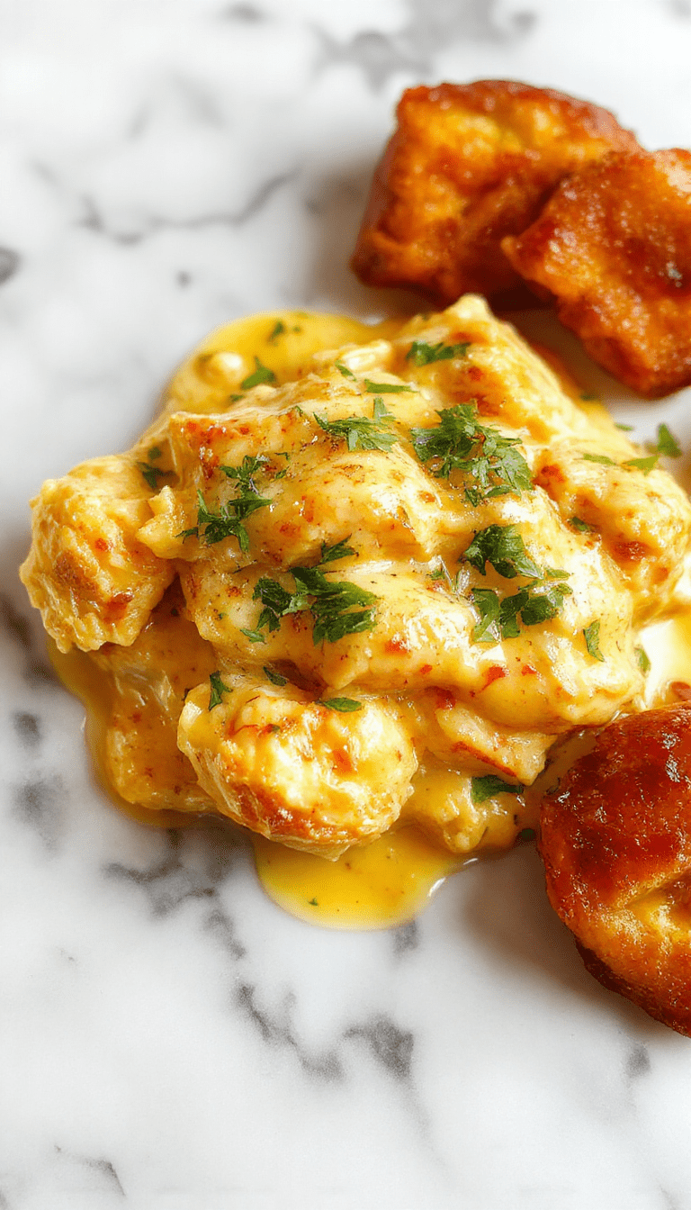A vibrant bowl of Chicken Korma featuring tender chicken pieces immersed in a rich, creamy, golden-yellow sauce garnished with fresh cilantro and toasted almonds, served on a white plate with a side of basmati rice and garnished with a sprig of cilantro, set against a rustic wooden table.