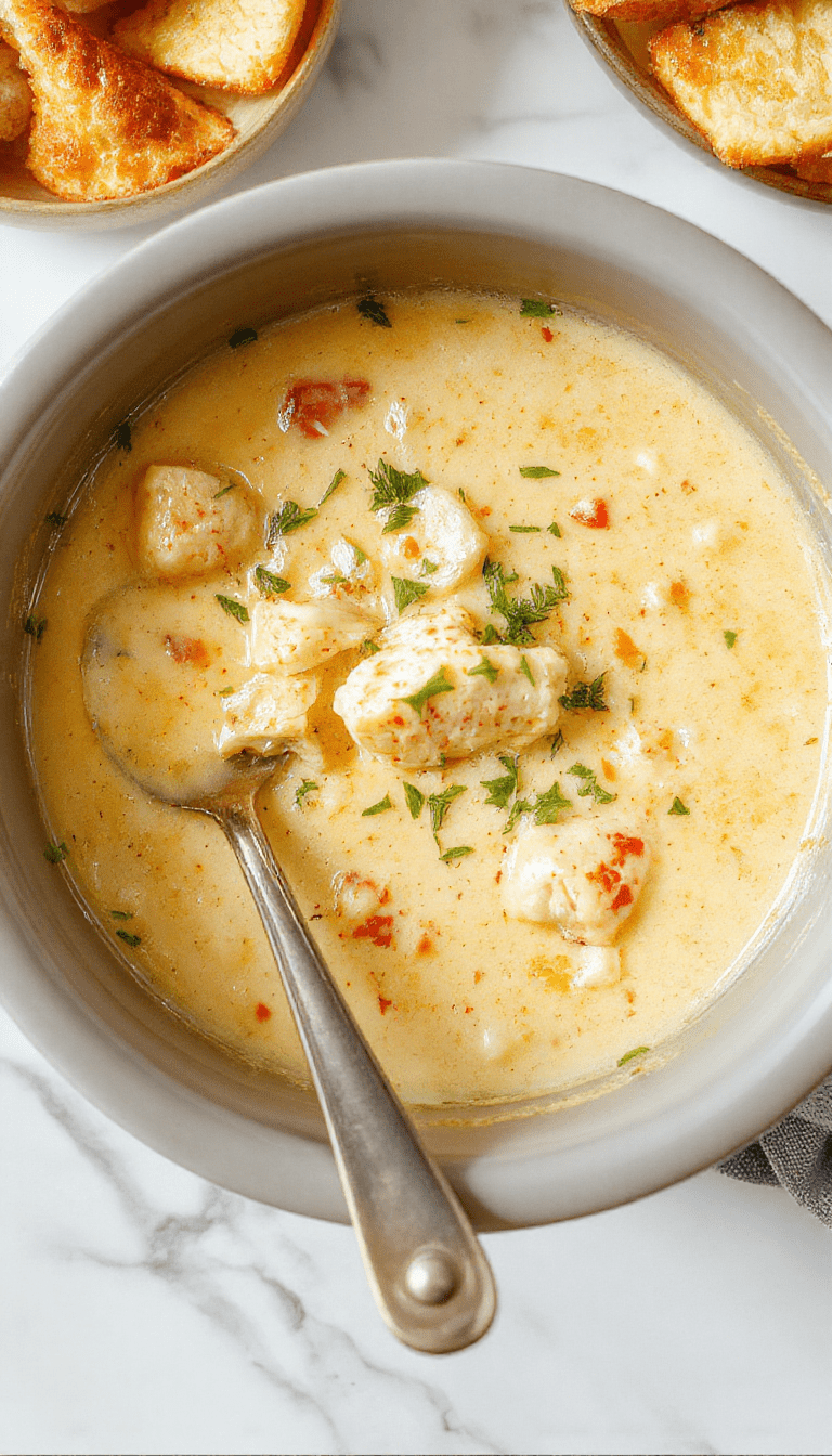 A steaming bowl of creamy chicken parmesan soup, featuring shredded chicken and melted cheese on top, garnished with fresh basil and parmesan shavings, served in a rustic white bowl with a side of crusty bread, on a wooden table with a cozy kitchen background.