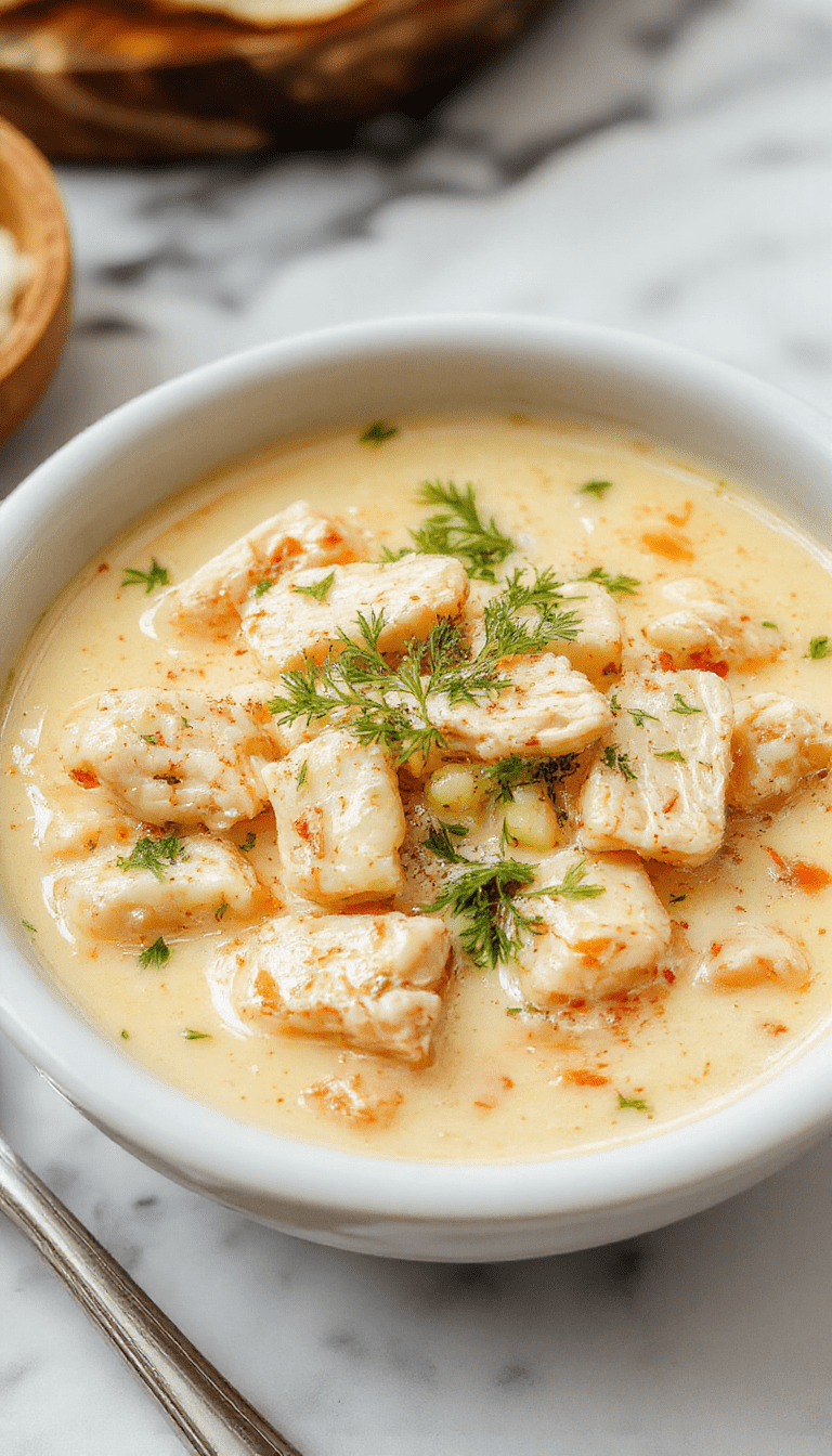 A vibrant bowl of creamy chicken pasta soup with shredded chicken, al dente pasta, and a garnished sprinkle of herbs, served steaming hot with a smooth, creamy broth contrasting with colorful ingredients.