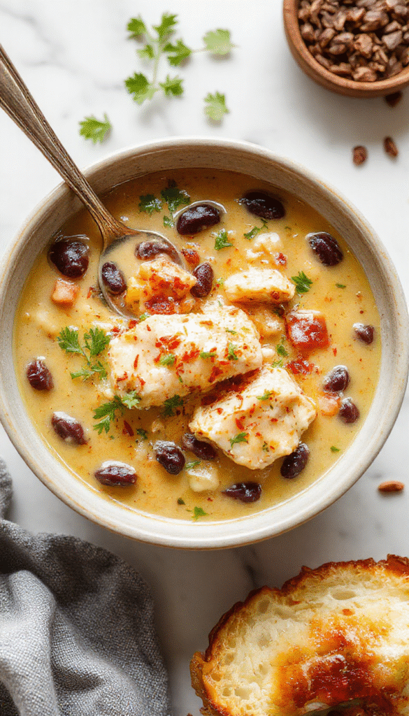 A vibrant bowl of creamy chicken soup topped with fresh poblanos slices, black beans, and chopped cilantro. The soup has a smooth, velvety texture with a rich, golden broth contrasted by colorful ingredients and garnished with a drizzle of cream and lime wedges on a rustic wooden table.