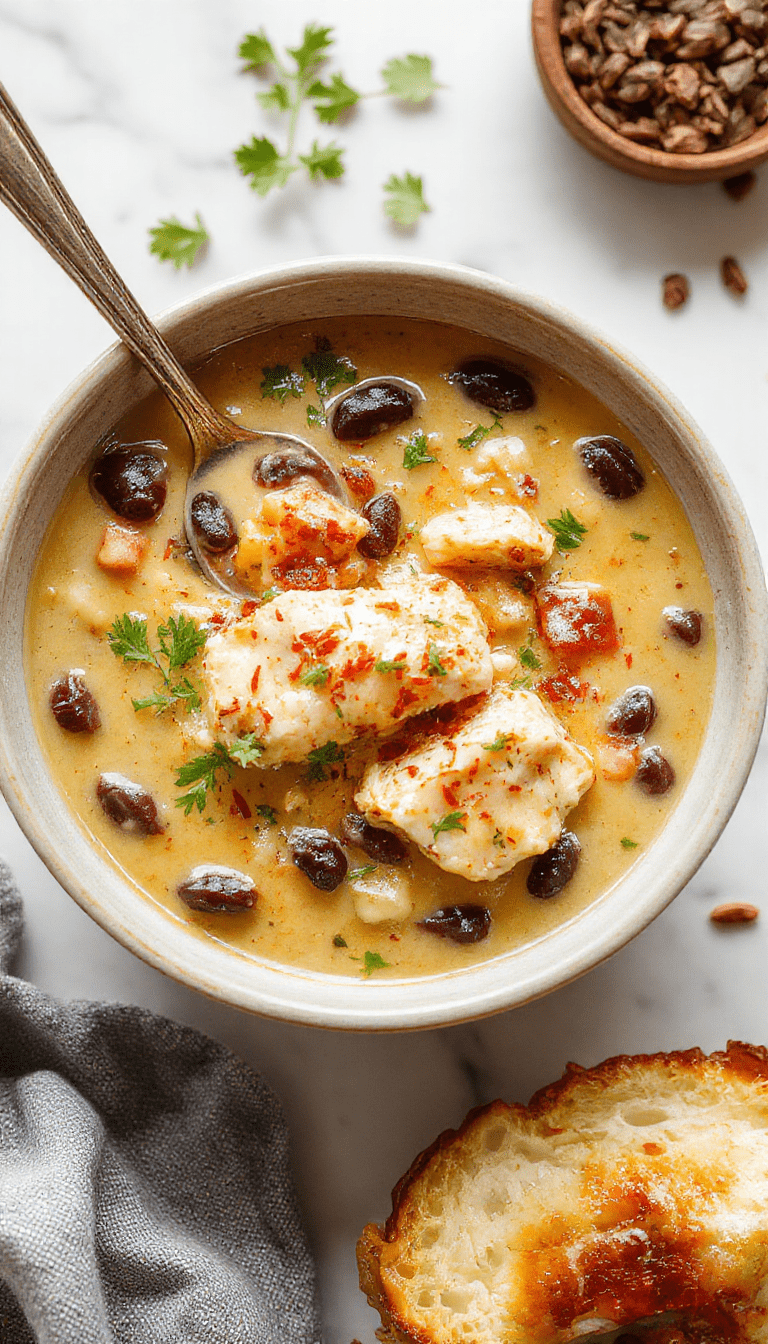 A vibrant bowl of creamy chicken soup topped with fresh poblanos slices, black beans, and chopped cilantro. The soup has a smooth, velvety texture with a rich, golden broth contrasted by colorful ingredients and garnished with a drizzle of cream and lime wedges on a rustic wooden table.