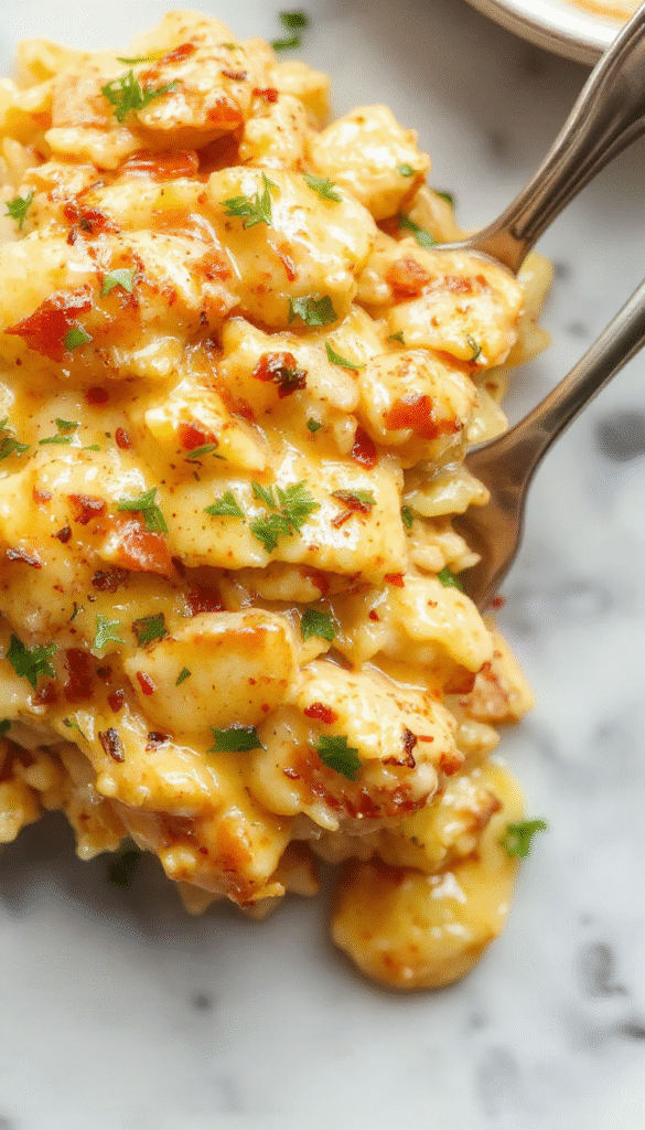 A creamy chicken and rice dish served in a rustic white bowl, topped with fresh herbs. The rice is fluffy and golden, the chicken tender and coated with a rich sauce, set against a wooden table with a spoon next to the bowl.