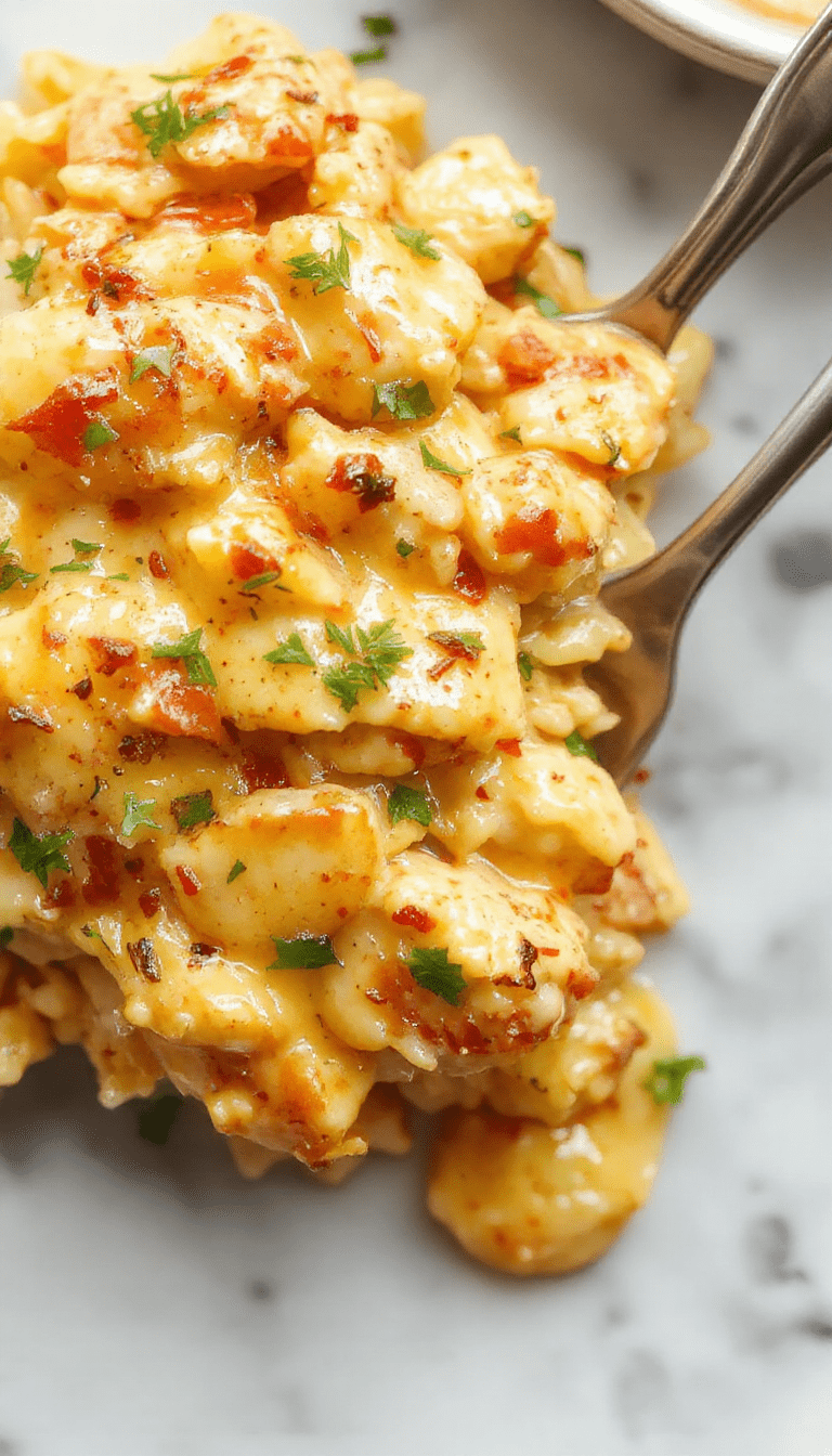 A creamy chicken and rice dish served in a rustic white bowl, topped with fresh herbs. The rice is fluffy and golden, the chicken tender and coated with a rich sauce, set against a wooden table with a spoon next to the bowl.