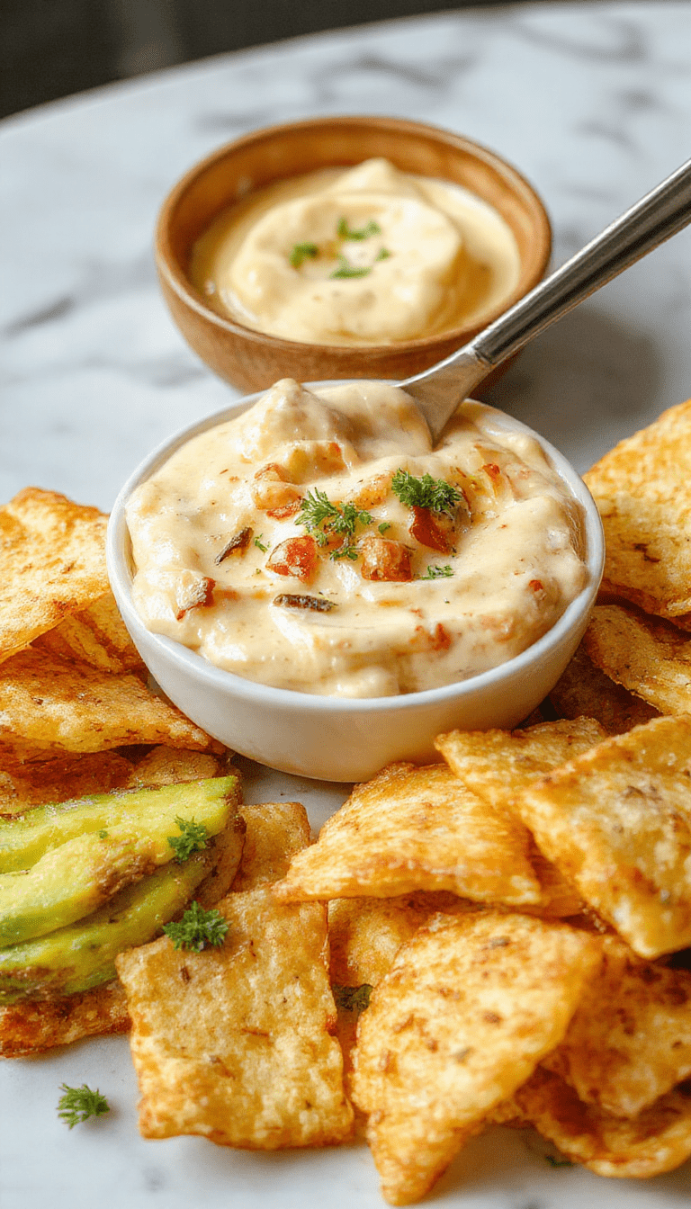 A vibrant bowl of creamy cowboy queso dip with melted cheese, diced tomatoes, jalapenos, and herbs on a rustic wooden table, served with tortilla chips.