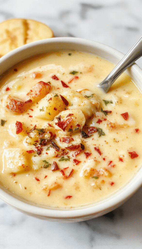 A bowl of creamy potato soup topped with shredded cheese and chopped green onions, served alongside crusty bread on a rustic wooden table, with steam rising and a cozy kitchen background.