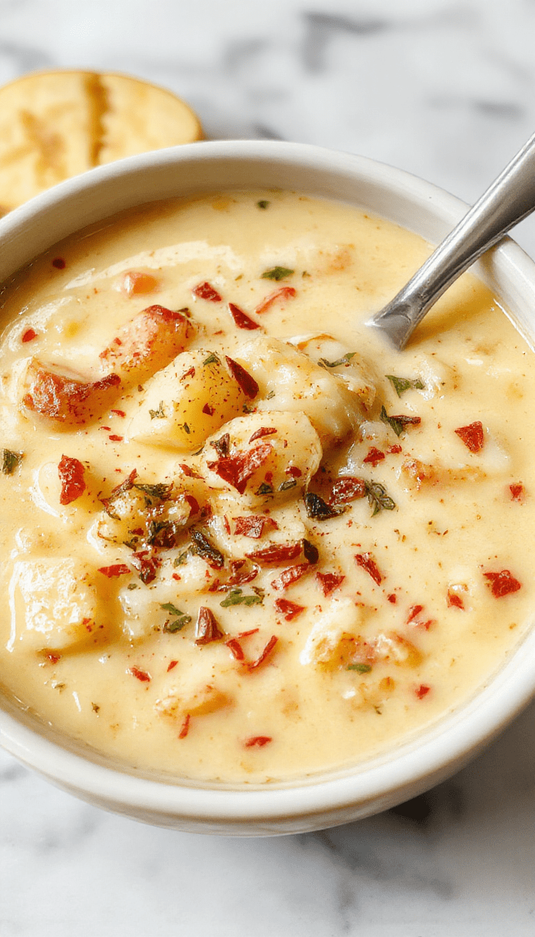 A bowl of creamy potato soup topped with shredded cheese and chopped green onions, served alongside crusty bread on a rustic wooden table, with steam rising and a cozy kitchen background.