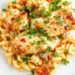 A close-up of a vibrant casserole dish featuring golden-brown topped chicken, caramelized onions, and tender orzo pasta garnished with fresh herbs, served on a rustic wooden plate with a spoon, showcasing textures of melted cheese and caramelized onions.