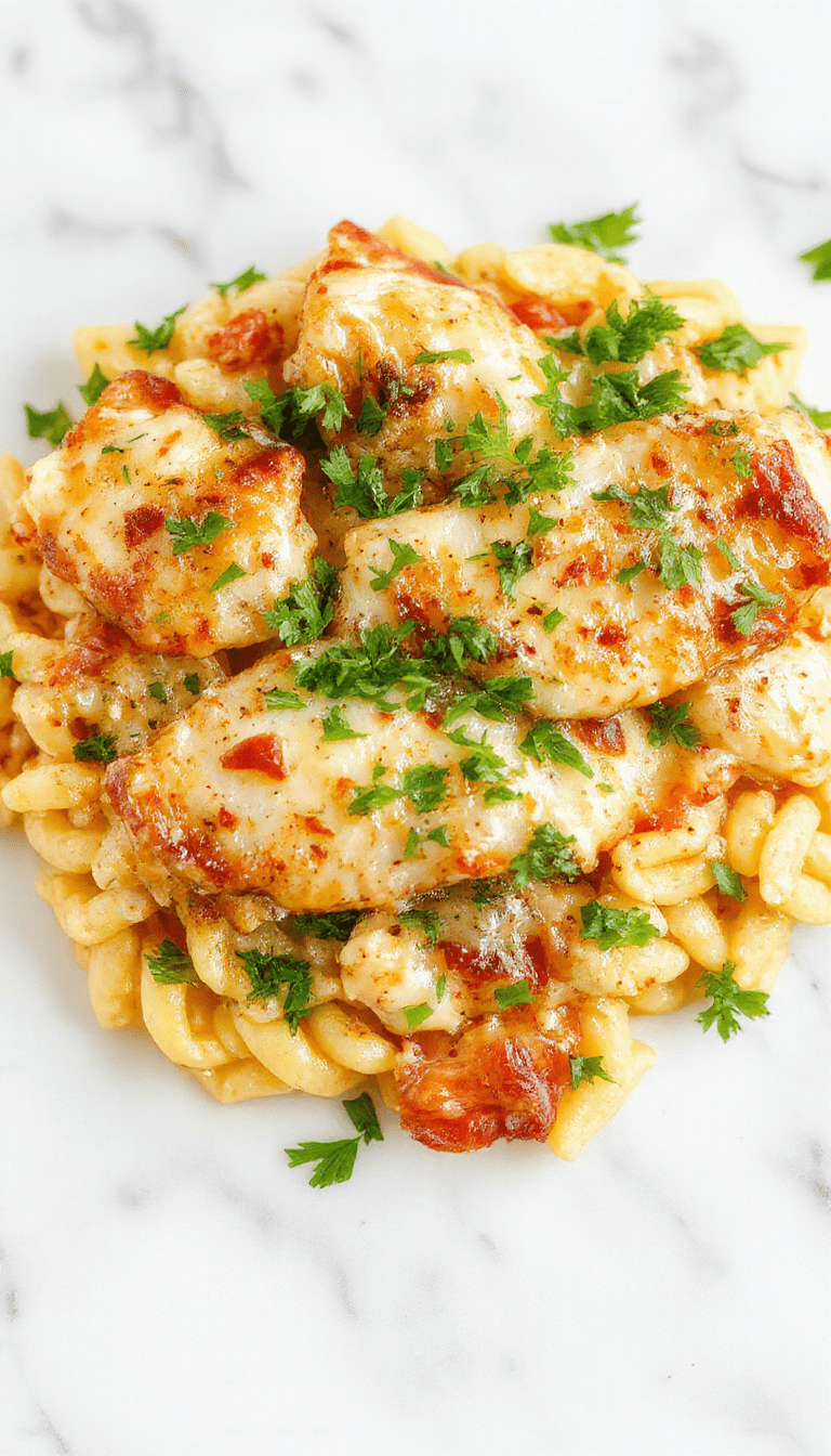 A close-up of a vibrant casserole dish featuring golden-brown topped chicken, caramelized onions, and tender orzo pasta garnished with fresh herbs, served on a rustic wooden plate with a spoon, showcasing textures of melted cheese and caramelized onions.