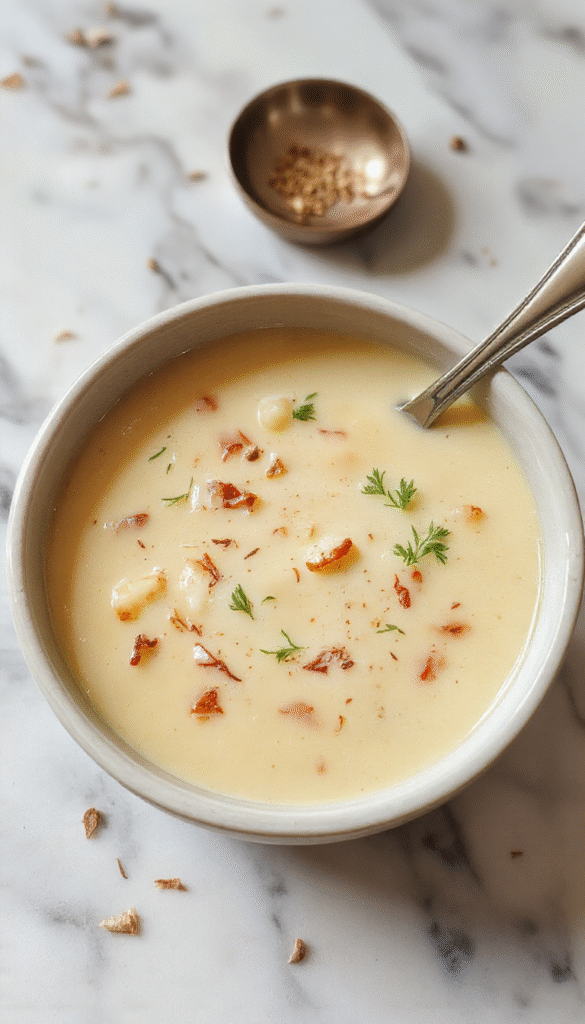 A bowl of velvety garlic soup topped with fresh parsley, served in a rustic white ceramic bowl on a wooden table, with a drizzle of cream and crispy garlic slices adorning the surface, surrounded by fresh garlic bulbs and herbs.