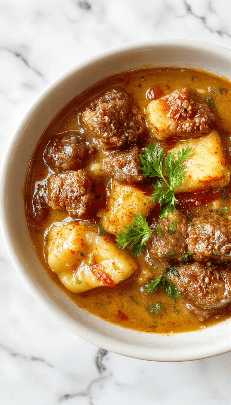 A rustic white bowl filled with hearty German Goulash showing tender beef chunks, vibrant red paprika sauce, and garnished with fresh parsley, placed on a wooden table with a spoon and bread slices in the background