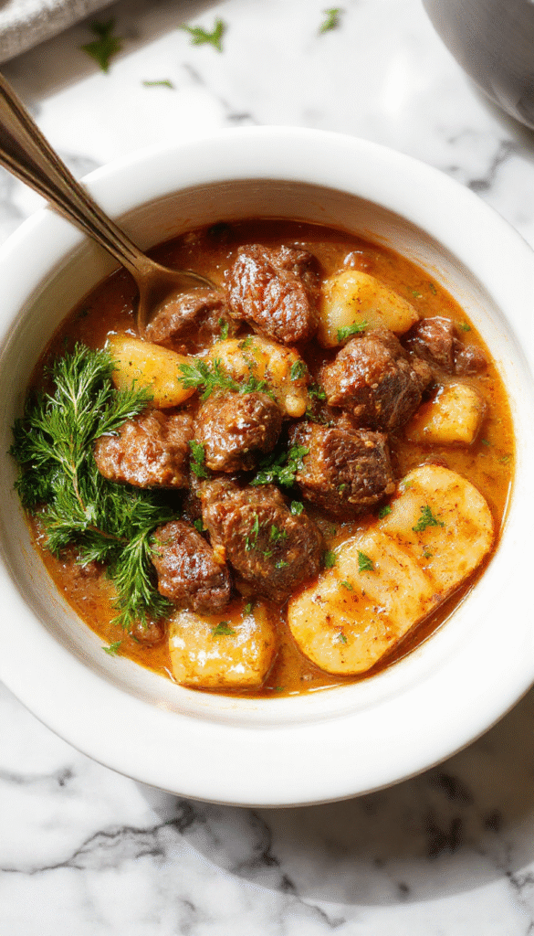 A vibrant plated dish featuring tender chunks of browned beef and chunky potatoes topped with melted cheese, garnished with chopped herbs, all served in a rustic bowl with a creamy sauce visible around the ingredients, styled with fresh parsley on a warm wooden table with a neutral background.