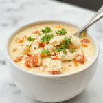 A vibrant bowl of creamy white chicken chili with shredded chicken, white beans, and herbs garnished with cilantro, served in a rustic white bowl with a spoon, on a wooden table with fresh ingredients around.