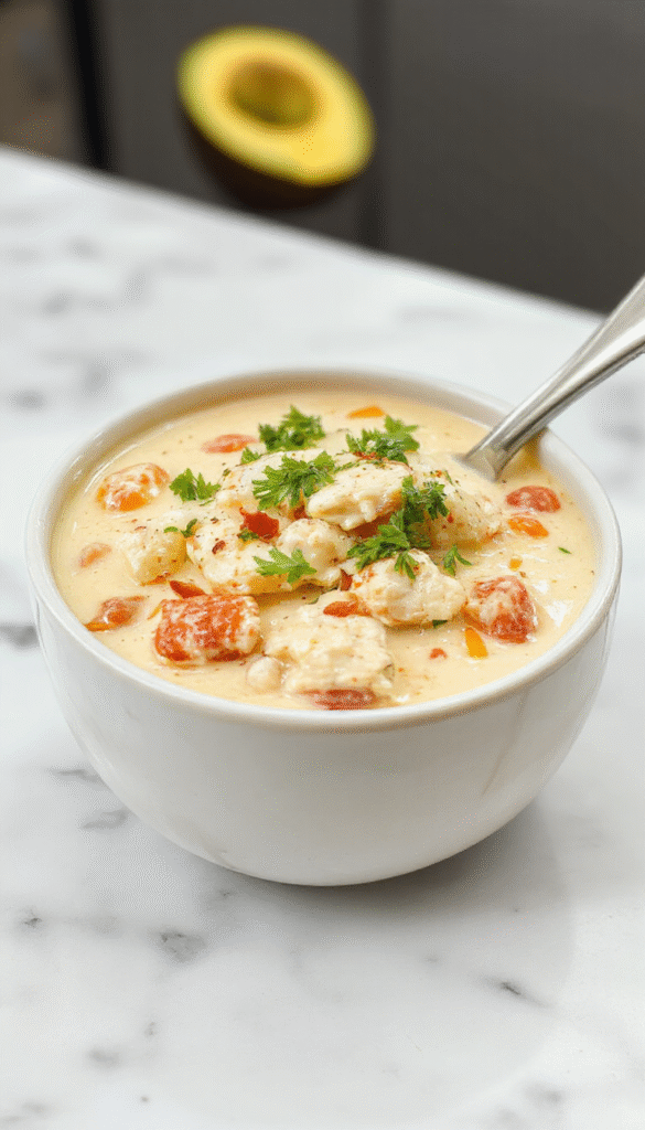 A vibrant bowl of creamy white chicken chili with shredded chicken, white beans, and herbs garnished with cilantro, served in a rustic white bowl with a spoon, on a wooden table with fresh ingredients around.