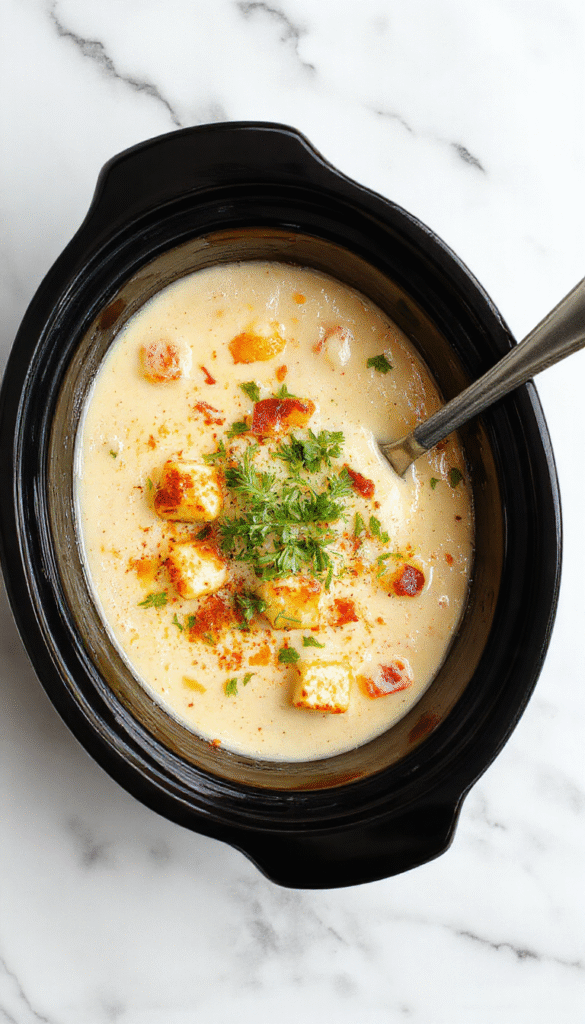 A warm bowl of loaded crockpot potato soup topped with shredded cheese, crispy bacon bits, chopped green onions, and a dollop of sour cream, served on a rustic wooden table with a spoon beside it.