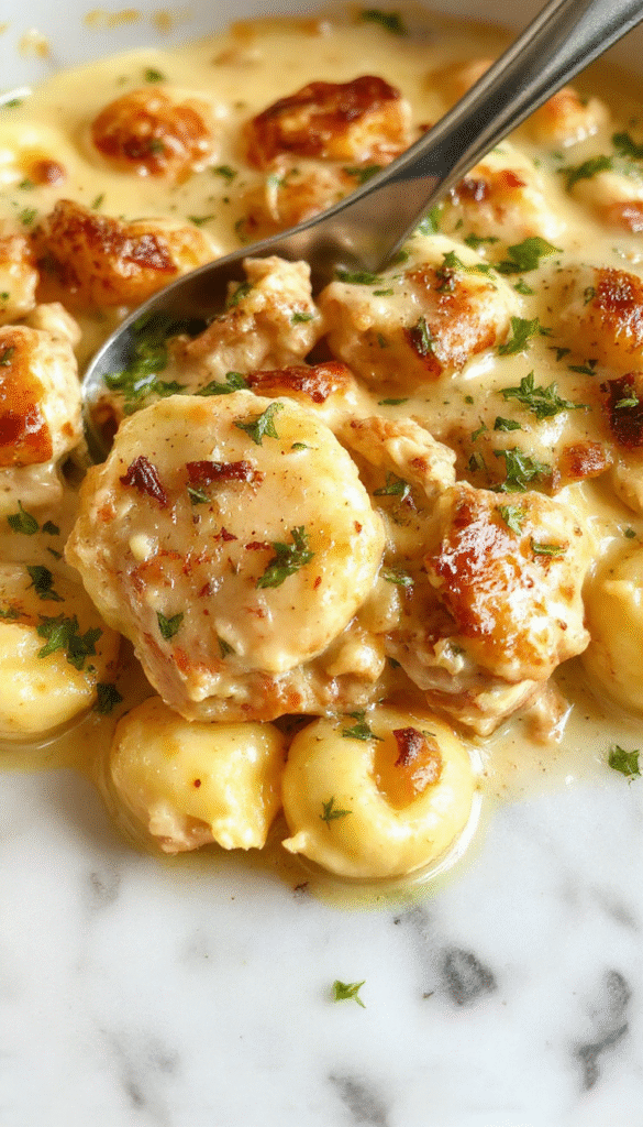 A rustic white bowl filled with golden-brown gnocchi and tender shredded chicken in a rich creamy sauce, topped with a flaky crust crumble, garnished with fresh thyme and parsley, served on a wooden table with a side of green salad