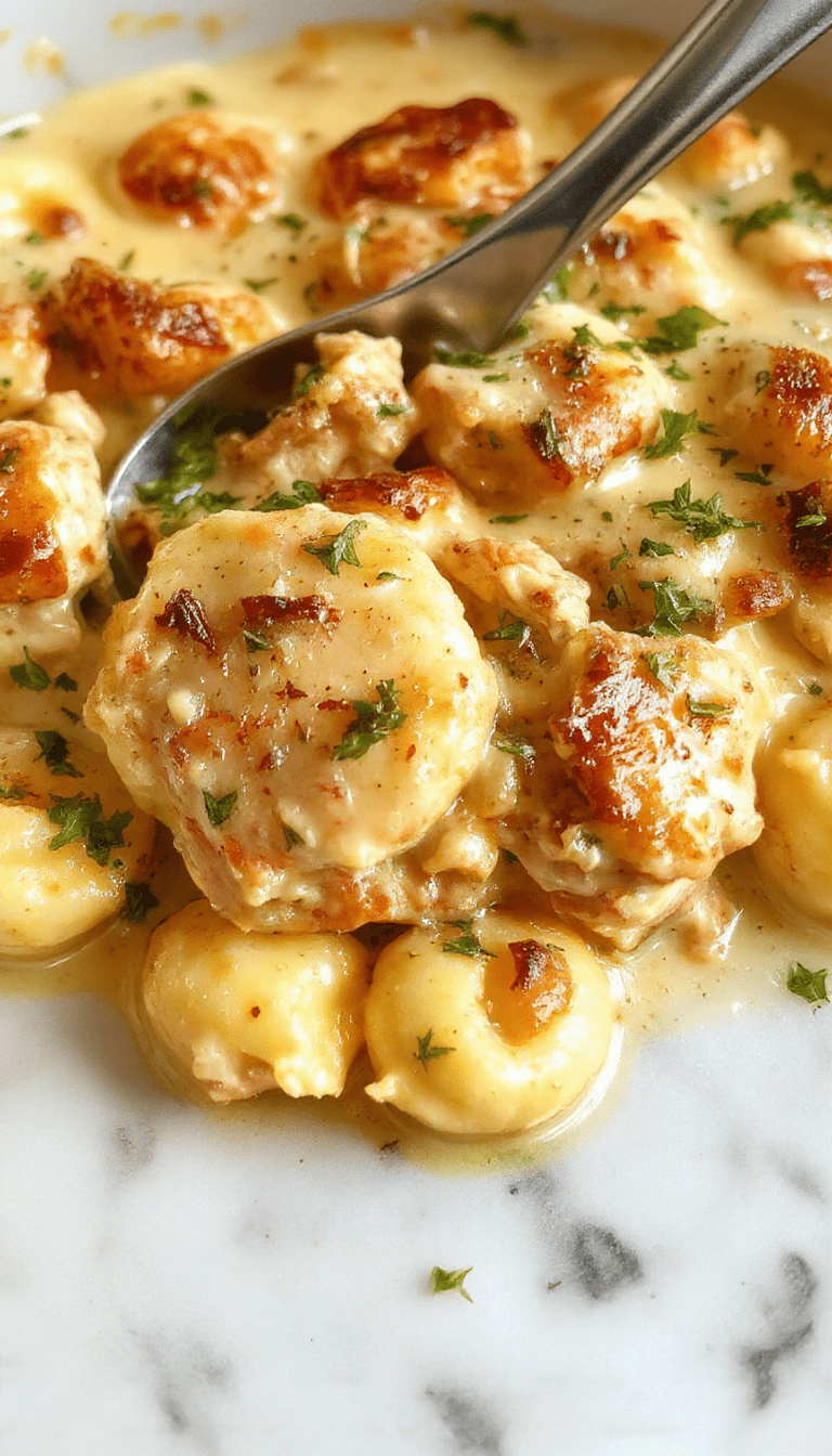 A rustic white bowl filled with golden-brown gnocchi and tender shredded chicken in a rich creamy sauce, topped with a flaky crust crumble, garnished with fresh thyme and parsley, served on a wooden table with a side of green salad