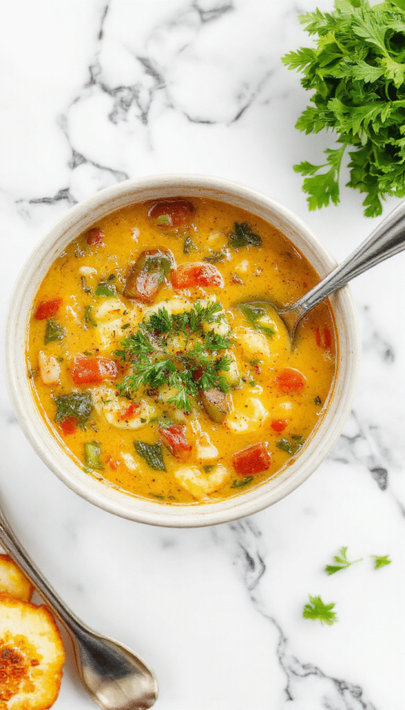 A vibrant bowl of creamy vegetable soup featuring colorful vegetables like carrots, celery, and spinach, topped with fresh herbs, served in a rustic white bowl on a wooden table with a soft focus background highlighting the rich textures and inviting presentation.