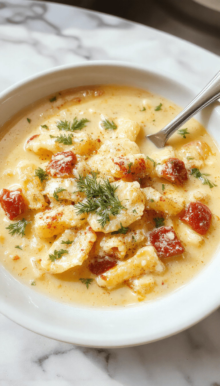 A steaming bowl of creamy parmesan pasta soup presented on a rustic wooden table. The soup is thick and velvety with a generous sprinkle of grated parmesan cheese on top. Vibrant green herbs garnish the dish, and slices of crusty bread sit beside the bowl. The rich, creamy texture contrasts with the golden hue of the soup, inviting warmth and comfort.