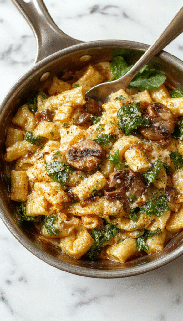 A vibrant skillet filled with steaming parmesan spinach mushroom pasta, garnished with fresh herbs and grated cheese. The pasta is coated in a creamy sauce, with sautéed mushrooms and wilted spinach visible, topped with a sprinkle of parmesan and black pepper, styled on a rustic wooden table with a fork beside.