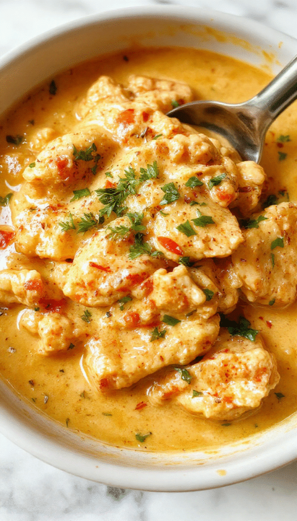 A vibrant bowl of Indian butter chicken featuring tender, juicy chicken chunks coated in a rich, creamy orange sauce, garnished with fresh cilantro and served alongside naan bread on a rustic wooden table, with colorful spices and a small bowl of additional sauce in the background