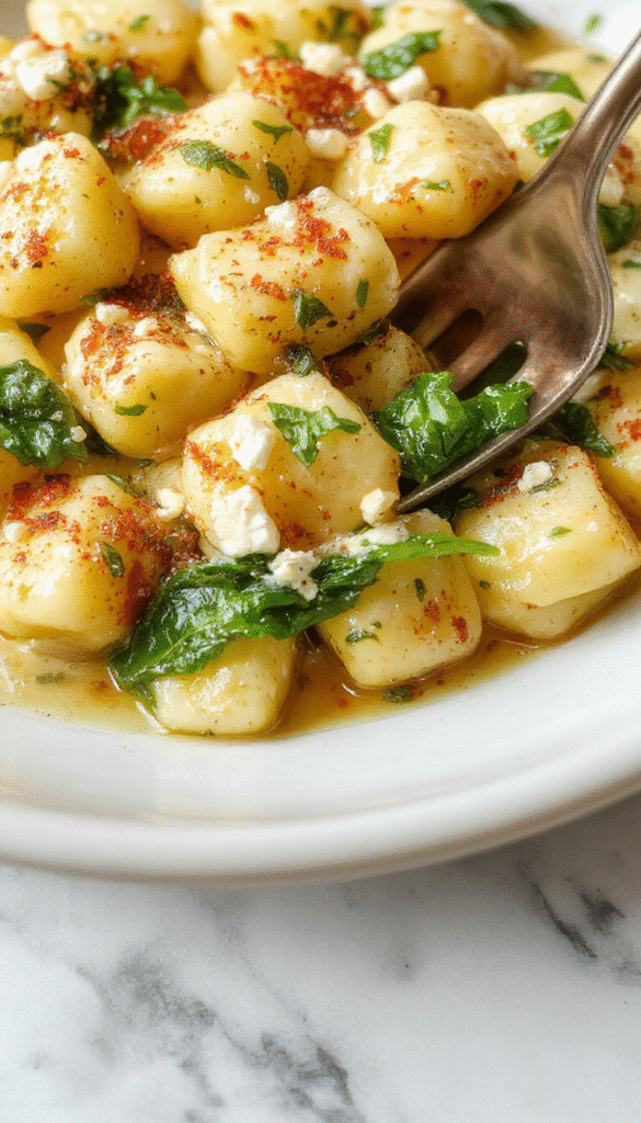 A vibrant plate of creamy gnocchi nestled with fresh spinach leaves and crumbles of feta cheese, all coated in a light, velvety sauce. The dish is elegantly plated on a white ceramic plate, garnished with a sprinkle of black pepper and fresh herbs, with a rustic wooden table background adding warmth.