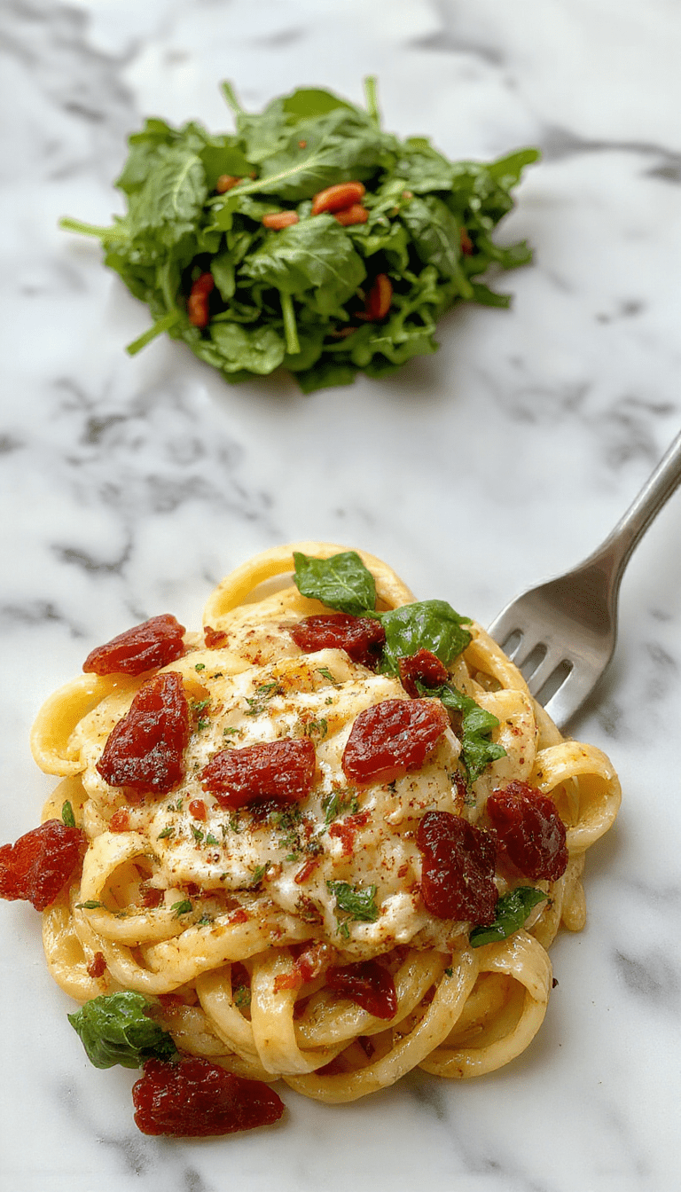 A vibrant plate of spaghetti and fresh spinach leaves topped with a rich sun-dried tomato cream sauce, garnished with grated cheese and basil, styled on a rustic wooden table with natural lighting showcasing the textures and colors.