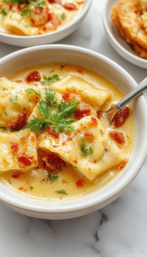 A steaming bowl of creamy Tuscan ravioli soup featuring plump ravioli floating in a rich, velvety broth garnished with fresh basil, sun-dried tomatoes, and grated Parmesan cheese, vibrant green herbs contrasting with the golden ravioli and deep red tomatoes, styled in a rustic white bowl on a wooden surface with a sprinkle of herbs on top.
