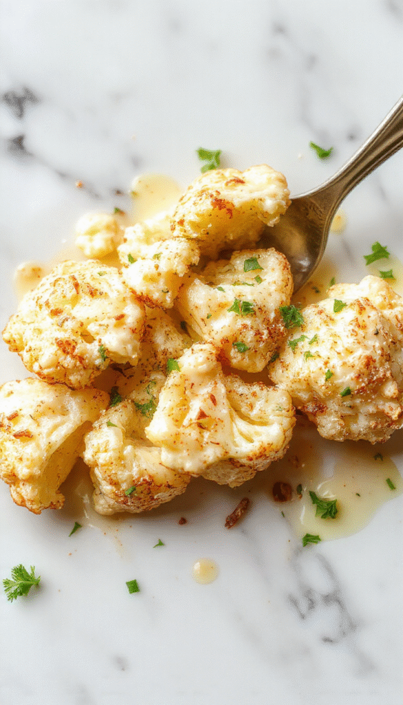 Colorful plate featuring golden-brown roasted cauliflower florets coated in a creamy butter sauce, garnished with fresh herbs and served on a white ceramic dish with a rustic wooden background, showcasing textures of crispy edges and tender centers.