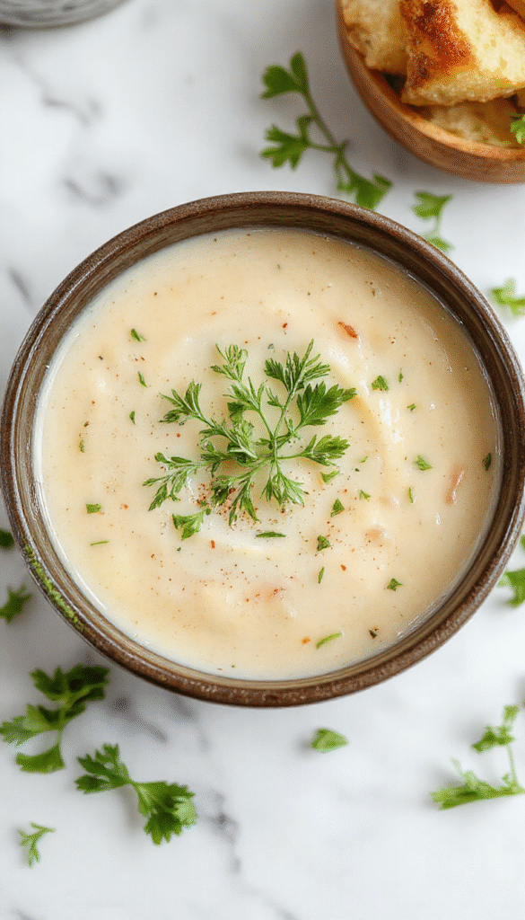 A vibrant bowl of creamy potato leek soup garnished with chopped fresh herbs, served in a rustic white bowl on a wooden surface, with steam rising and a knife and extra leeks in the background, showcasing the rich texture and fresh ingredients.